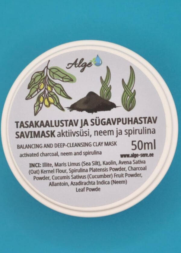 Tasakaalustav ja sügavpuhastav savimask aktiivsüsi, neem ja spirulina